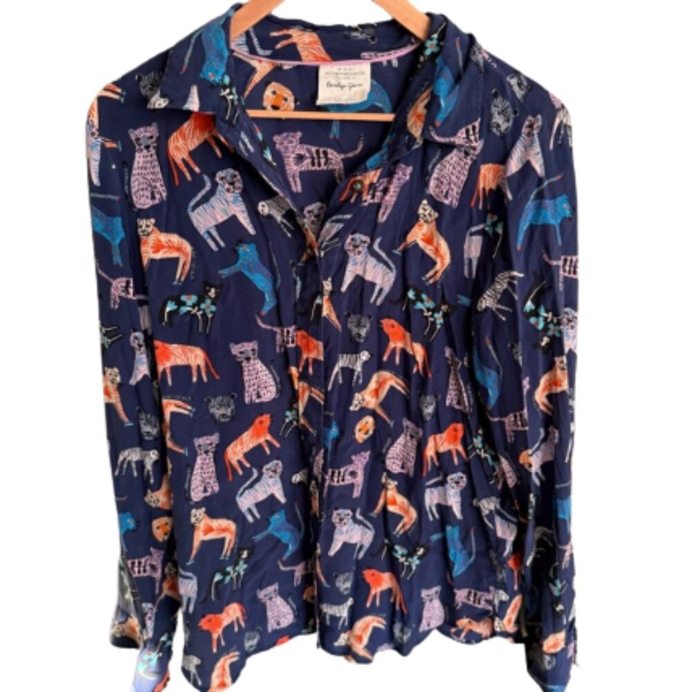 Anthropologie Carolyn Gavin Mariposa Silk Blouse Vibrant Animal Print Blouse 10